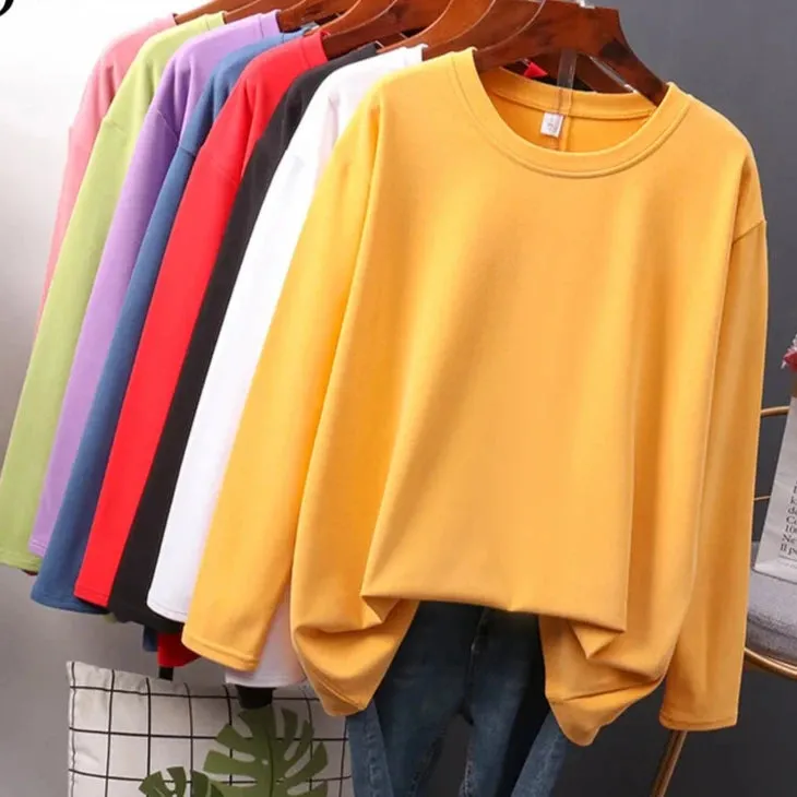 Autumn Cotton T shirt Female Pure Color Long Sleeve Women's T-shirts M-XXL Size Yellow White Simple Basic Tee Tops
