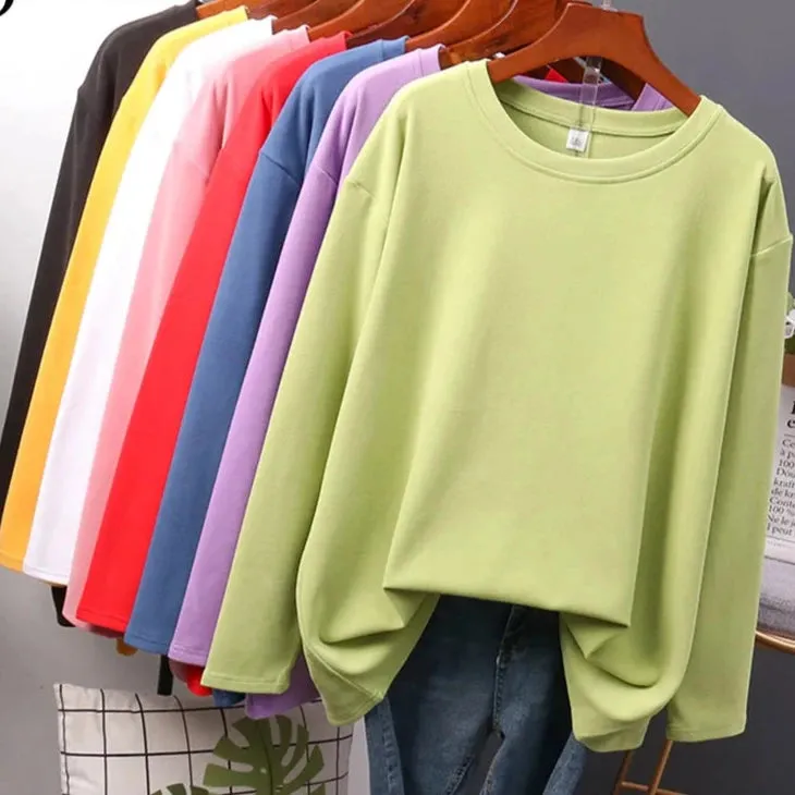 Autumn Cotton T shirt Female Pure Color Long Sleeve Women's T-shirts M-XXL Size Yellow White Simple Basic Tee Tops