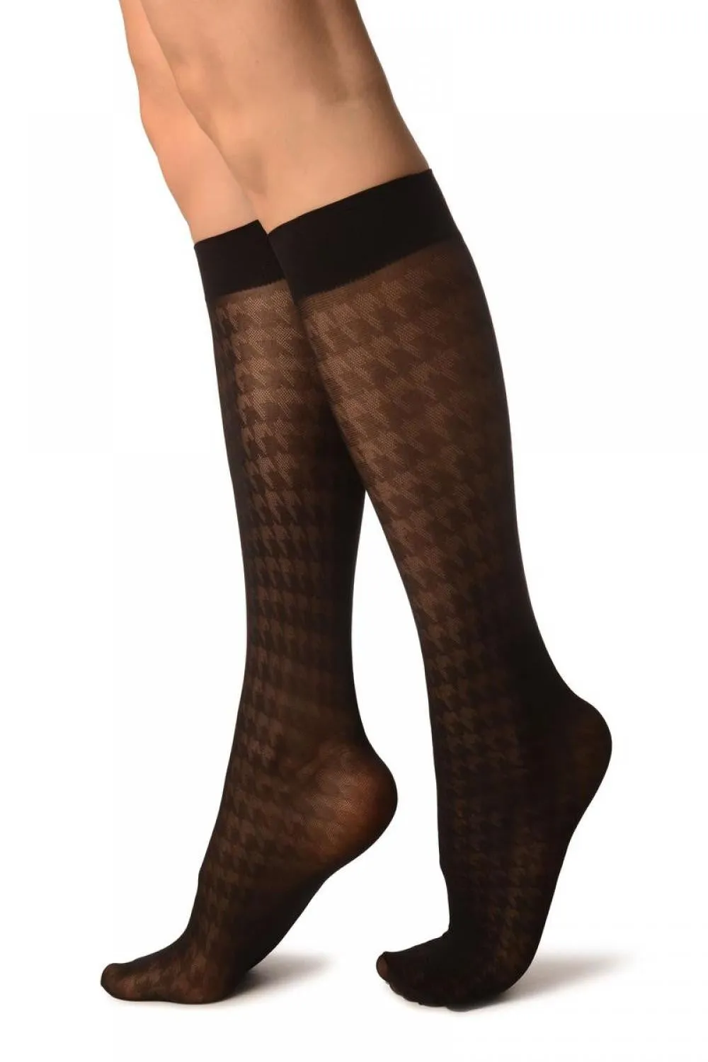 Black With Opaque & Transparent Dogtooth Socks Knee High