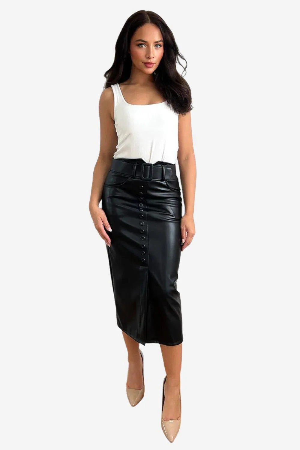Buttoned Front Belted Vegan Leather Midi Skirts