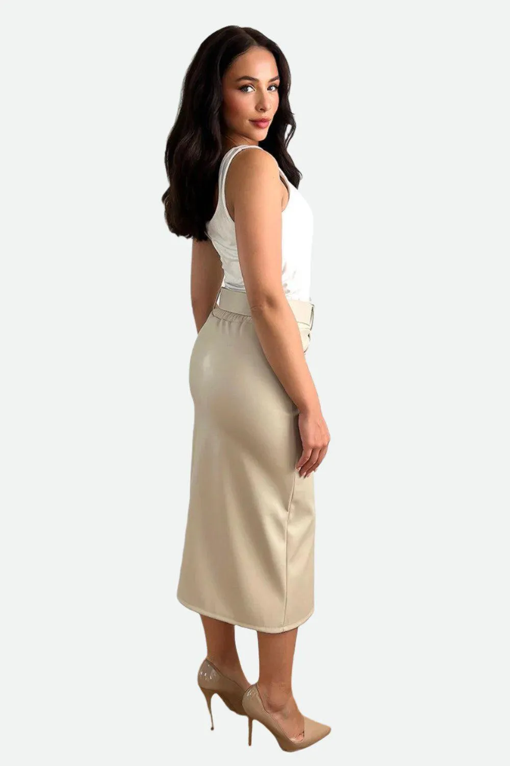 Buttoned Front Belted Vegan Leather Midi Skirts