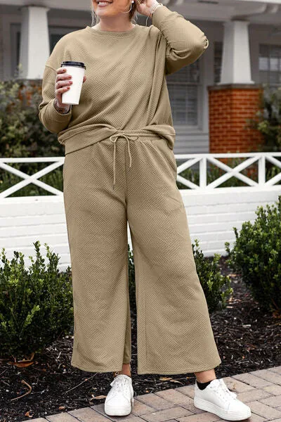 Double Take Textured Long Sleeve Top and Drawstring Pants Set