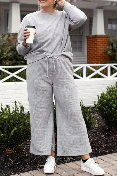 Double Take Textured Long Sleeve Top and Drawstring Pants Set