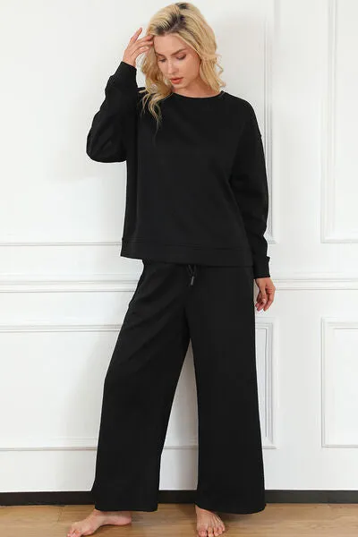 Double Take Textured Long Sleeve Top and Drawstring Pants Set