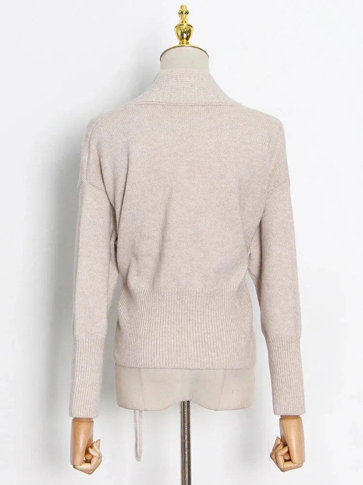Korean Fashion Solid Sweater For Women V Neck Long Sleeve Patchwork Bandage Knitting Cardigan Female Clothing