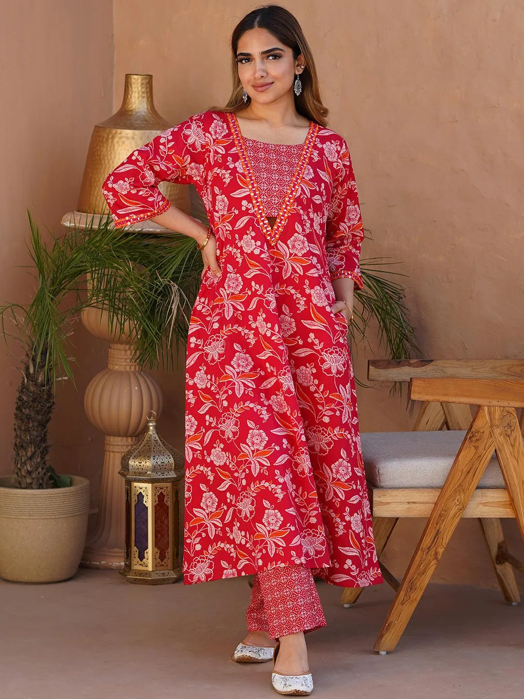Naghma Pink Printed Cotton A-Line Kurta With Palazzos