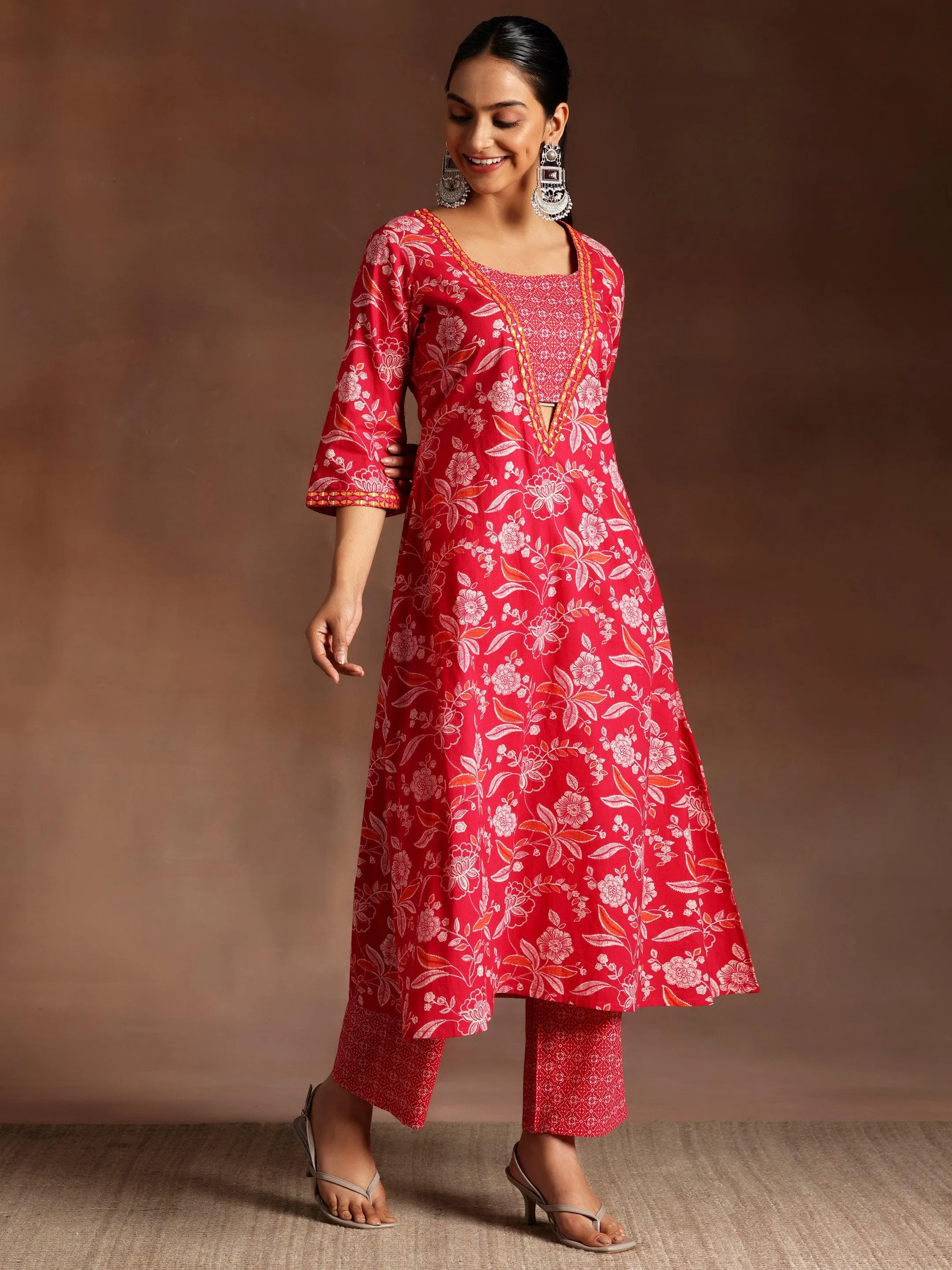 Naghma Pink Printed Cotton A-Line Kurta With Palazzos