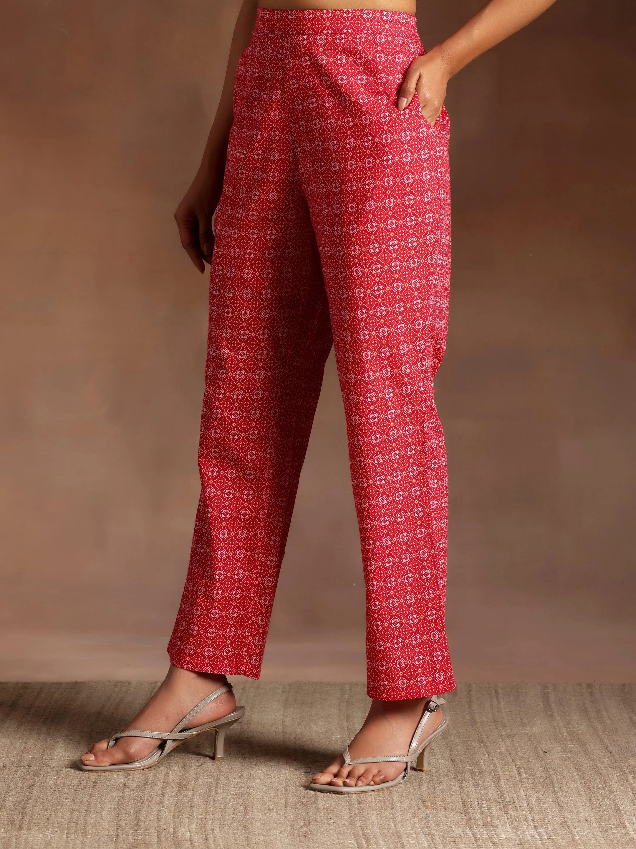 Naghma Pink Printed Cotton A-Line Kurta With Palazzos