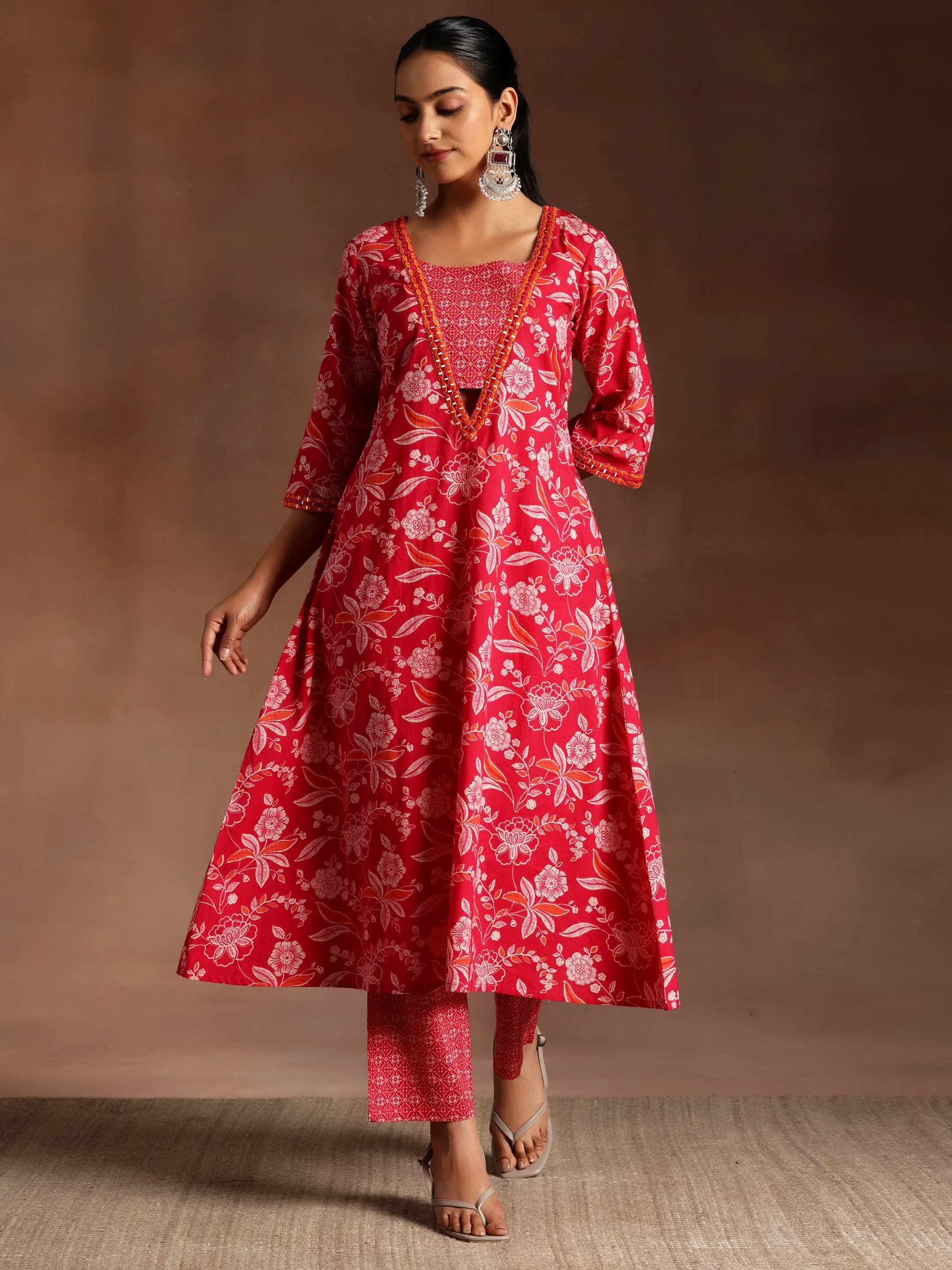 Naghma Pink Printed Cotton A-Line Kurta With Palazzos