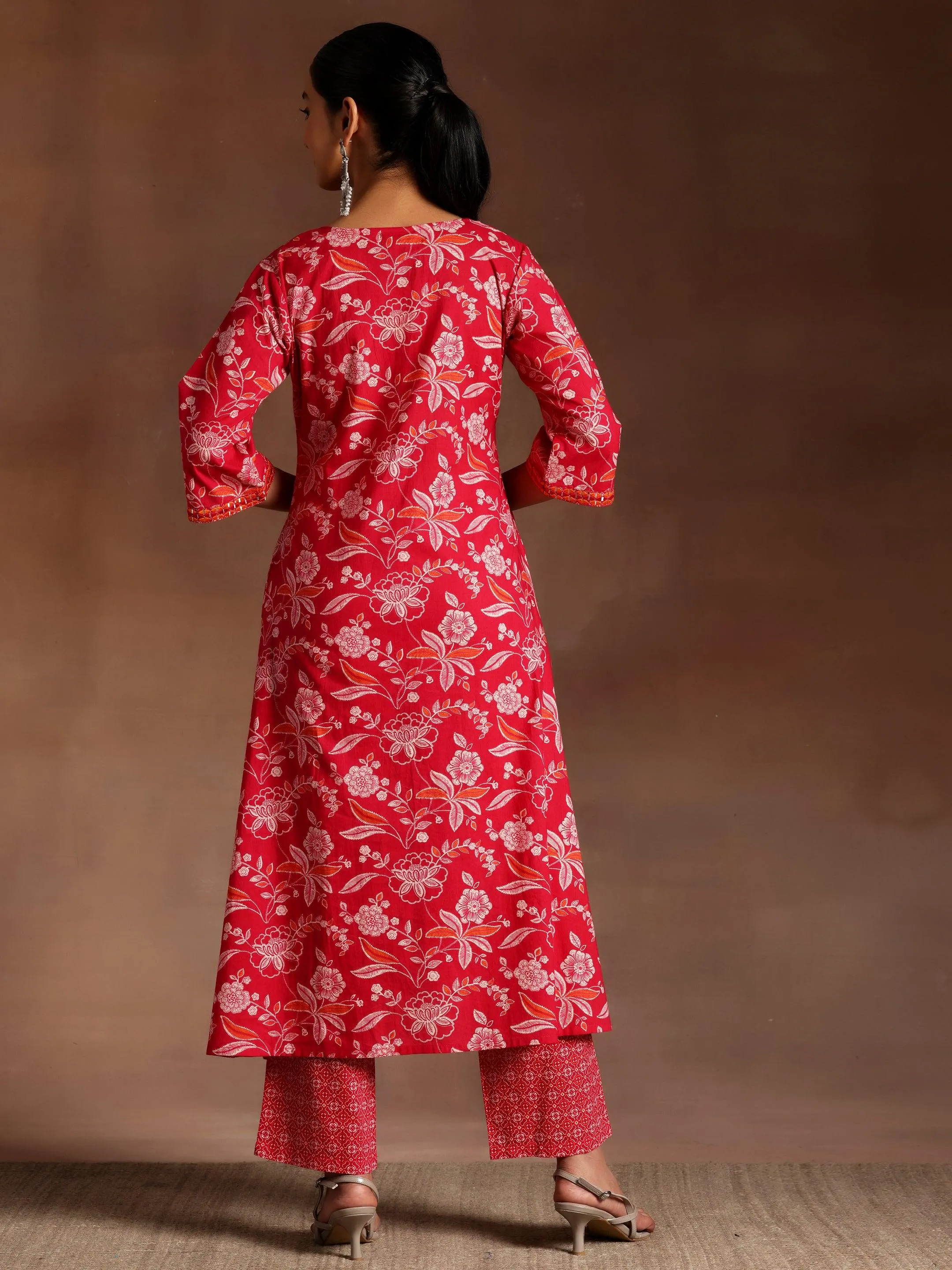Naghma Pink Printed Cotton A-Line Kurta With Palazzos