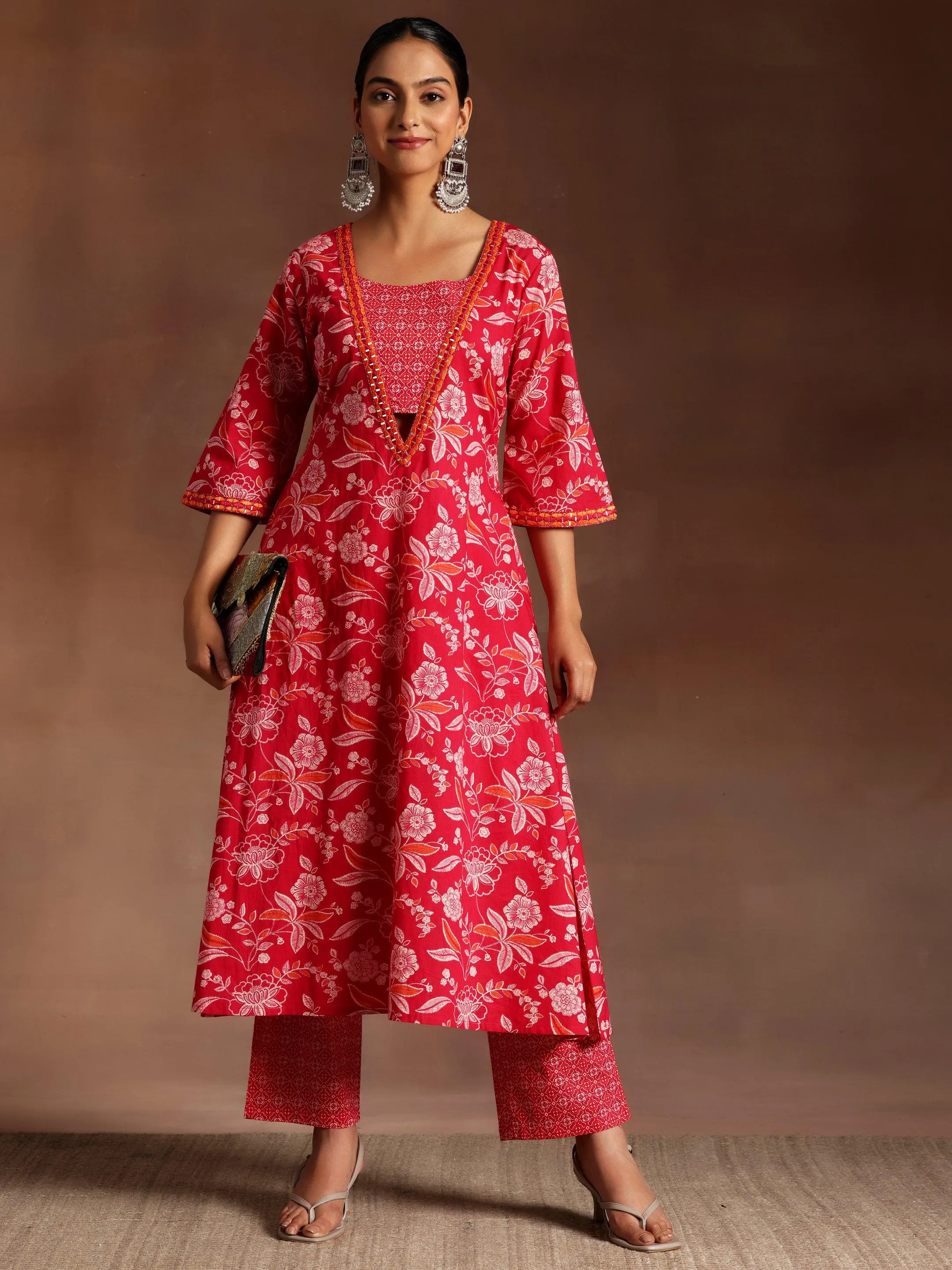 Naghma Pink Printed Cotton A-Line Kurta With Palazzos