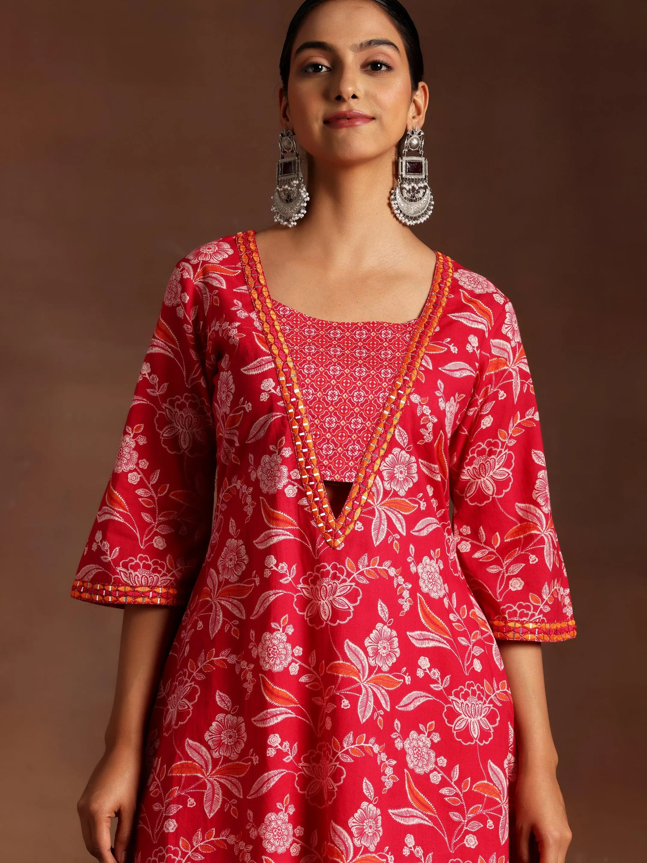 Naghma Pink Printed Cotton A-Line Kurta With Palazzos