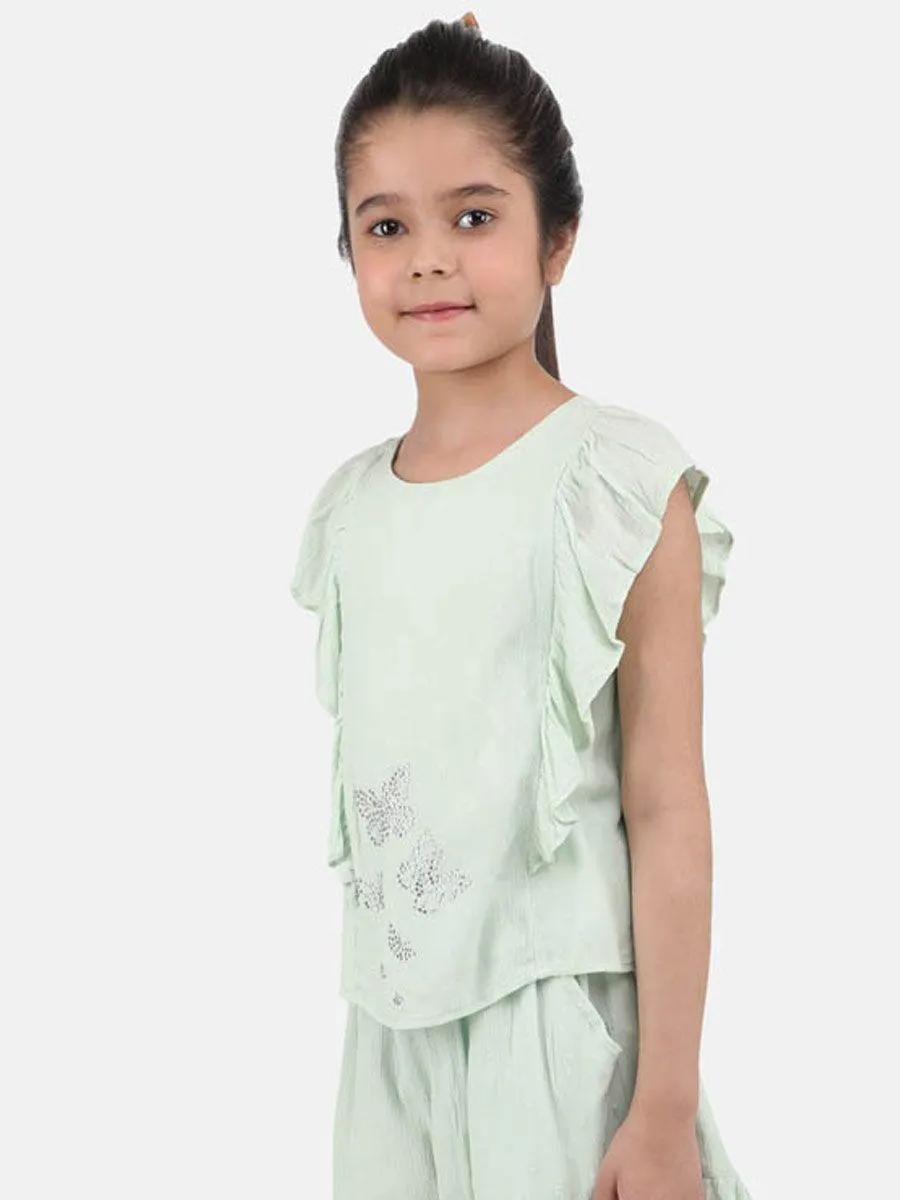One Friday Kids Girls Mint Color Casual Butterfly Printed Top