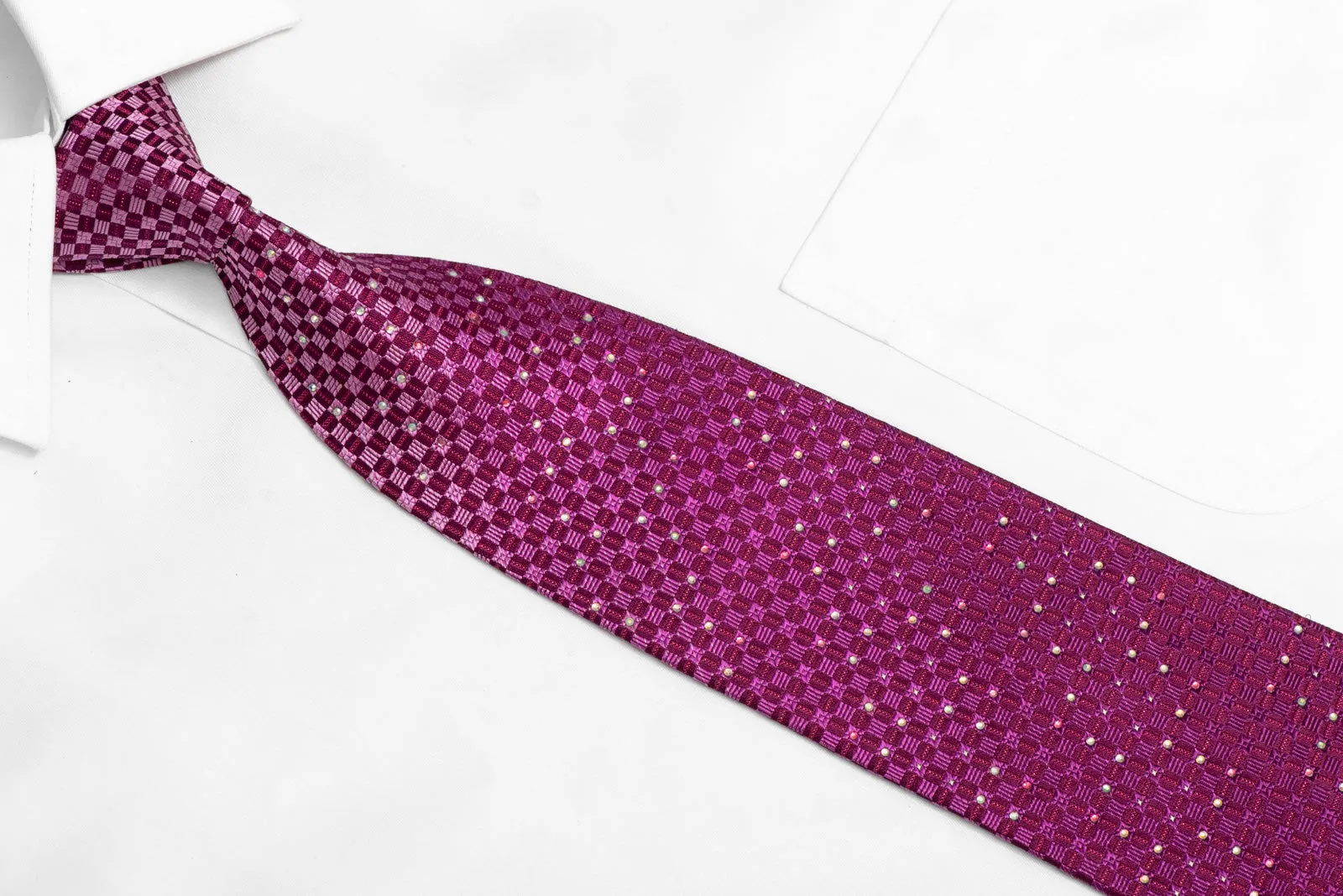 Purple Checkered Design Rhinestone Silk Necktie With Sparkles