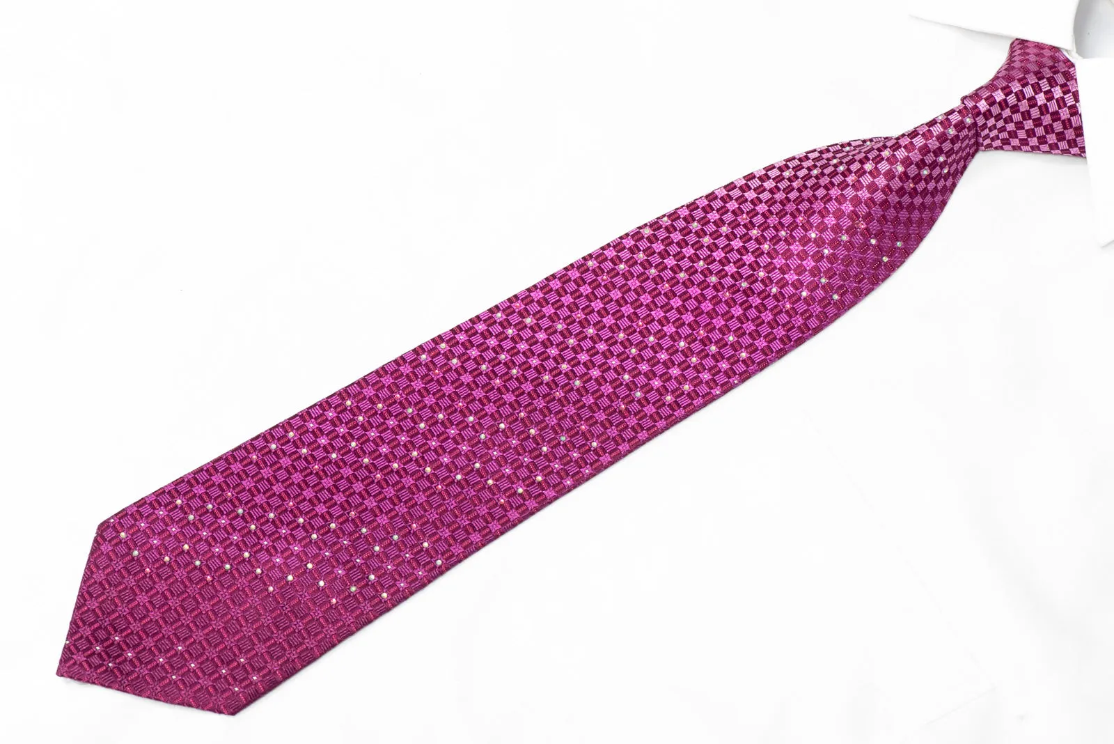 Purple Checkered Design Rhinestone Silk Necktie With Sparkles