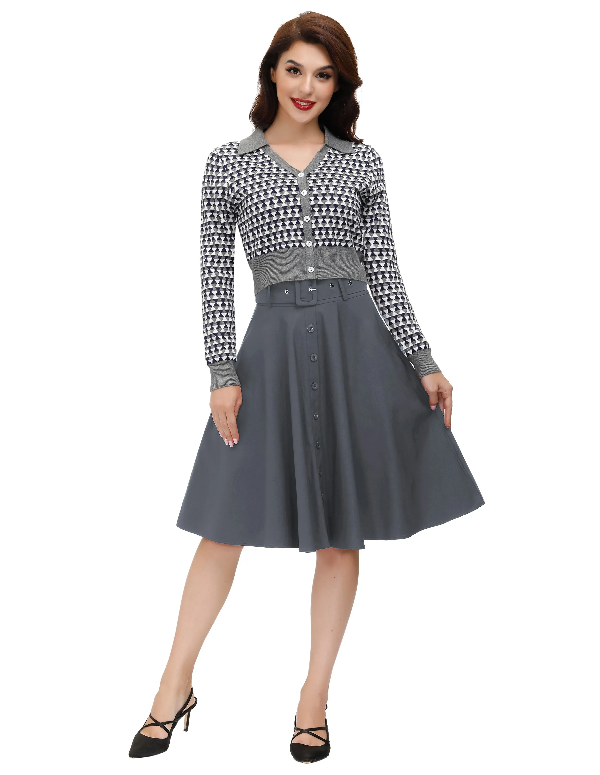 Vintage Stretch High Waist A-Line Flared Midi Skirts with Pockets & Belts